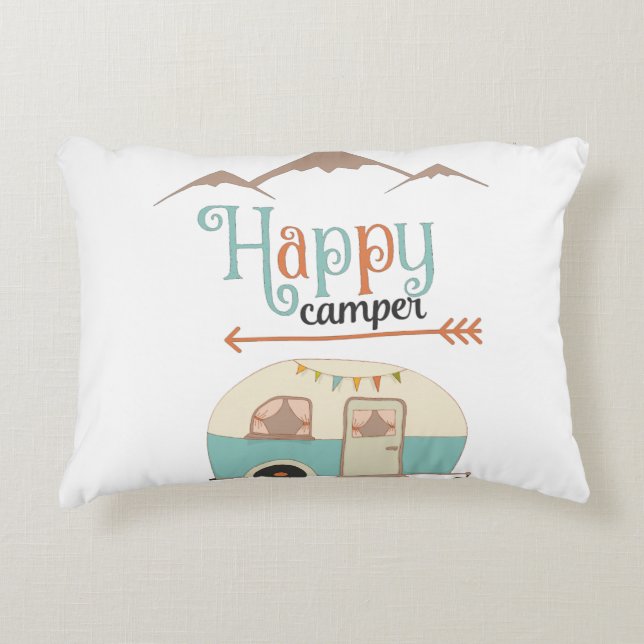 HAPPY CAMPER Cute Retro RV Accent Pillow (Front)