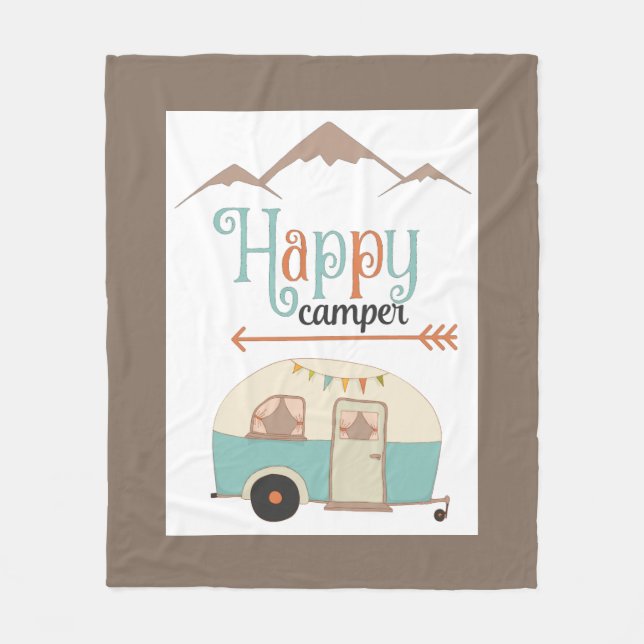 Happy Camper Cute Retro RV Fleece Blanket (Front)