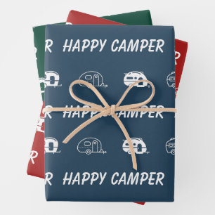 Happy Camper Cute Retro RV in Blue, Red and Green Wrapping Paper Sheet