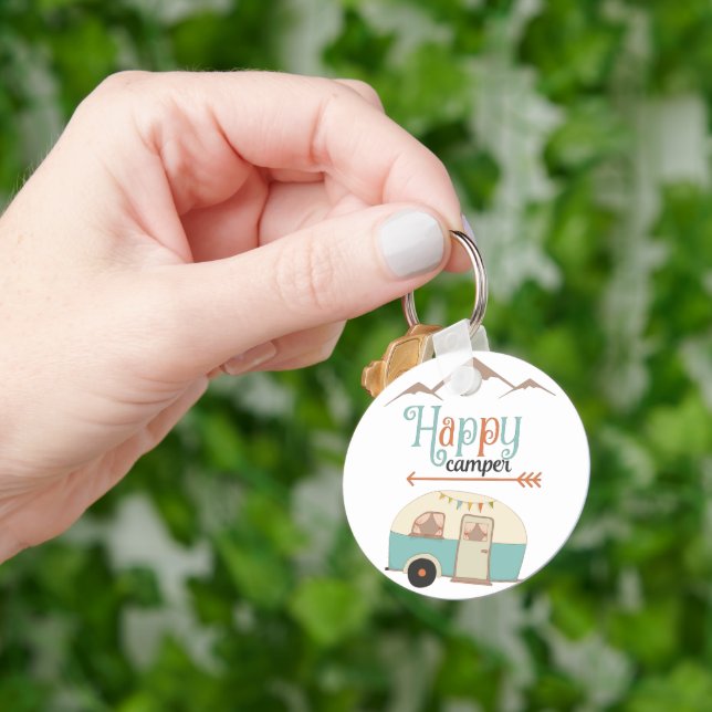 Happy Camper Cute Retro RV Keychain (Hand)