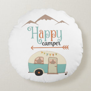 HAPPY CAMPER Cute Retro RV Round Pillow