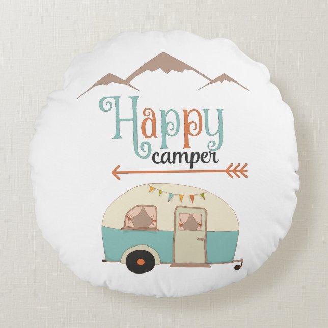 HAPPY CAMPER Cute Retro RV Round Pillow (Front)