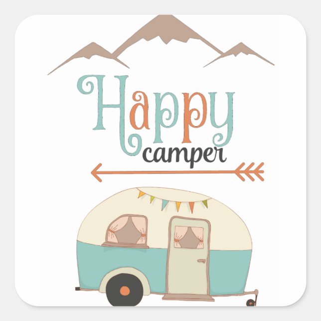 Happy Camper Cute Retro RV Square Sticker (Front)