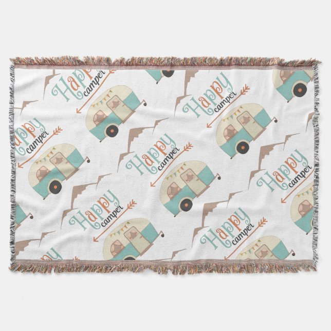 HAPPY CAMPER Cute Retro RV Throw Blanket (Front)