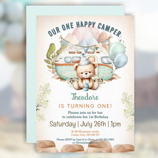 Happy Camper Été 1er Anniversaire Invitation Garço (Happy Camper Summer 1st Birthday Boy Invitation)