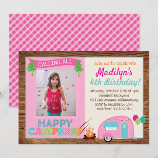 Happy Camper Girl Photo Birthday Party Invitation