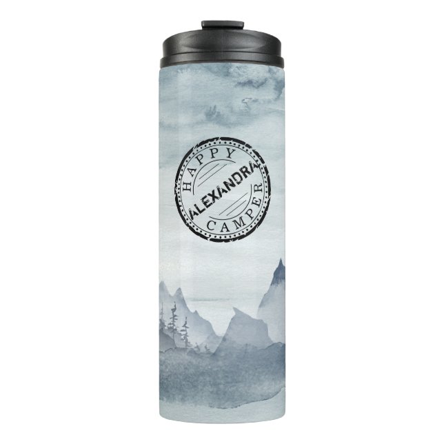 Happy Camper Grey Watercolor Landscape Camping Thermal Tumbler (Front)