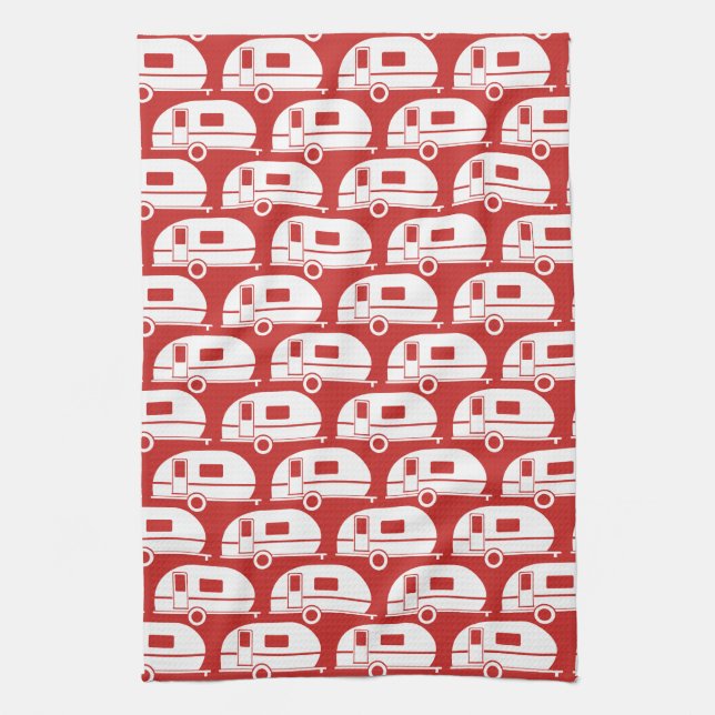 Happy Camper | Modern Camper Decor Red White Kitchen Towel (Vertical)