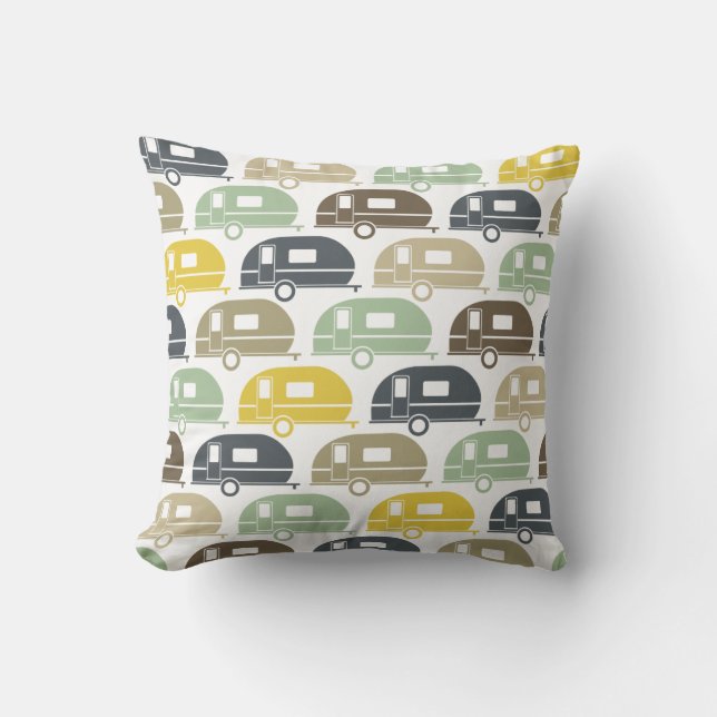 Happy Camper | Modern Camper Decor Retro Blues 2 Throw Pillow (Front)