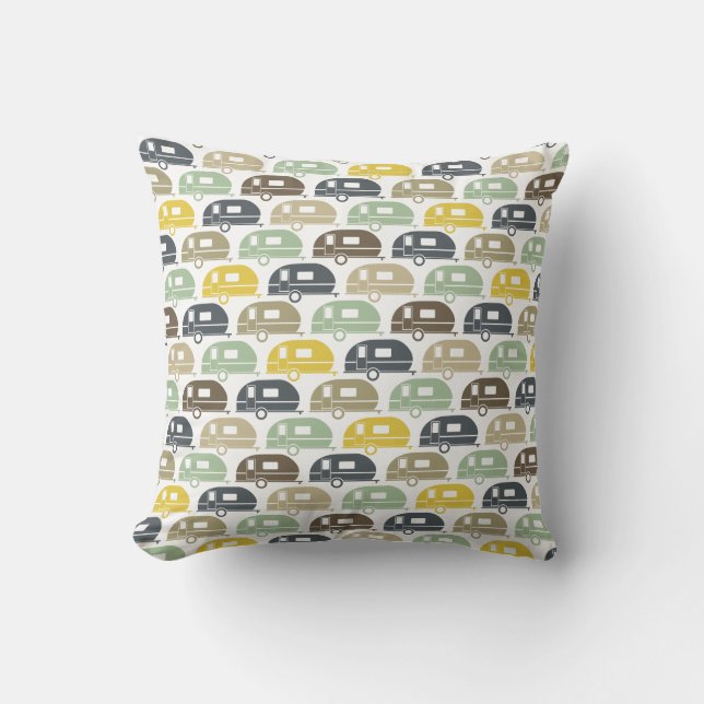 Happy Camper | Modern Camper Decor Retro Blues Throw Pillow (Front)