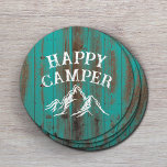 Happy Camper Mountain Adventure Teal Barn Camping Round Paper Coaster<br><div class="desc">Happy Camper Rustic Mountain Adventure Teal Barn Wood Camping Coasters.</div>