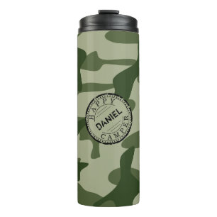 Happy Camper Olive Green Camo Name Camping Travel Thermal Tumbler