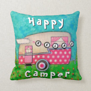 Happy Camper Pillow, Camper Art Throw Pillow