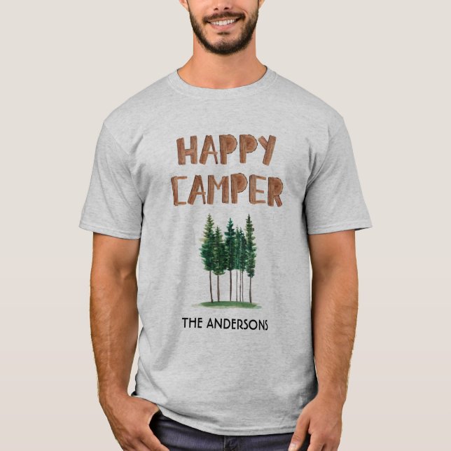 Happy Camper Pine Trees Personalized T-Shirt (Front)