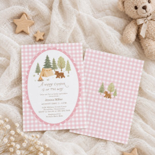 Happy Camper Pink Gingham Girl Baby Sprinkle Invitation