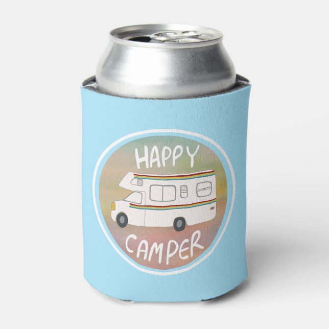Happy Camper Rainbow RV Sunset Motorhome RVing Can Cooler (Can Front)