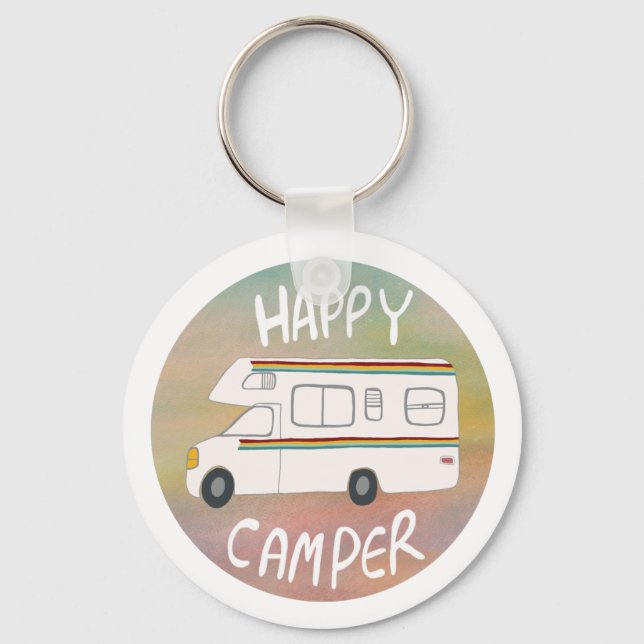 Happy Camper Rainbow RV Sunset Motorhome RVing Keychain (Front)