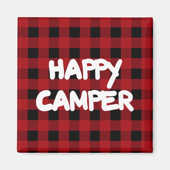 Happy Camper Red Buffalo Plaid Refrigerator Magnet (Front)