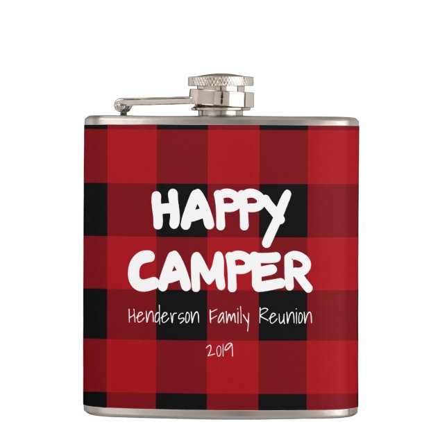 Happy Camper Red Plaid Family Reunion Hip Flask (Front)