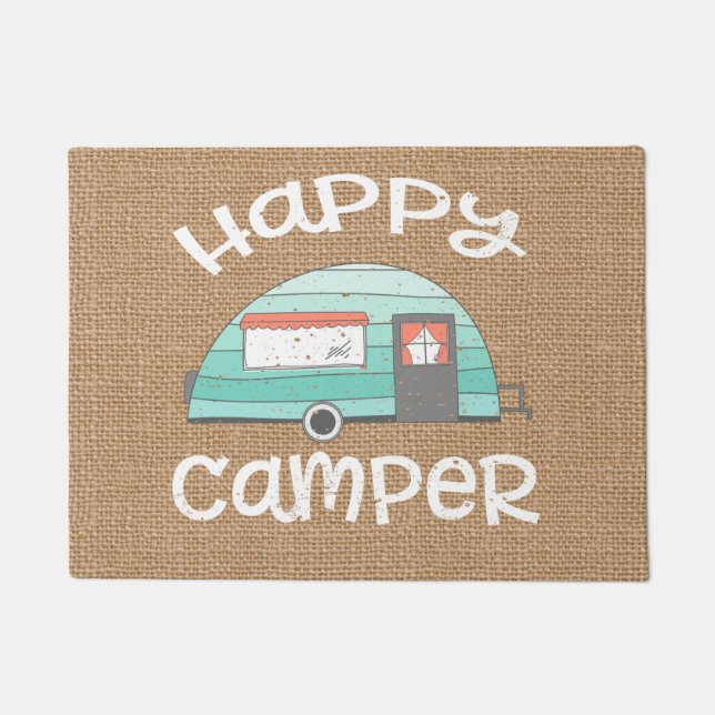 Happy Camper Retro Trailer RV Caravan Burlap Doormat (Front)
