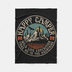 Happy Camper Retro Vintage Camping Hiking Mountain Fleece Blanket