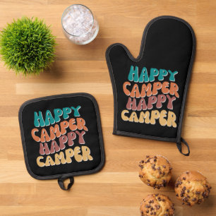 Happy Camper Retro Wavy Text Black background Oven Mitt & Pot Holder Set