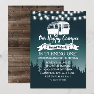 Happy Camper Rustic Forest 1st Birthday Invitation
