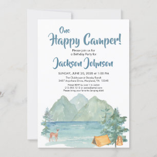 Happy Camper Rustic Mountains Watercolor Birthday Invitation