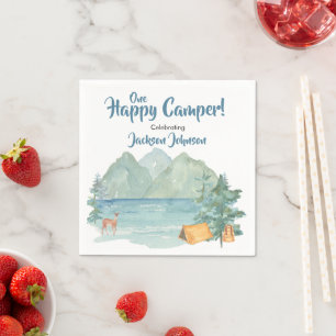 Happy Camper Rustic Mountains Watercolor Birthday Napkin