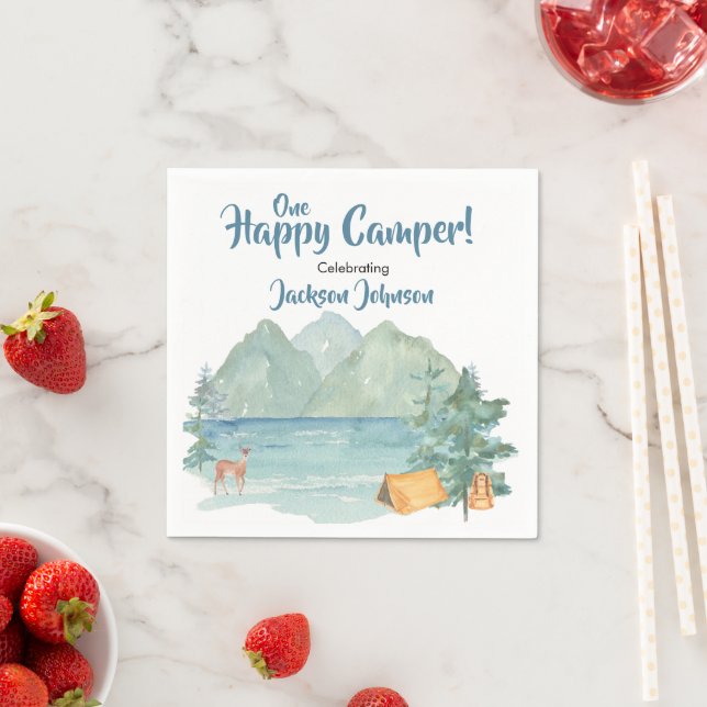 Happy Camper Rustic Mountains Watercolor Birthday Napkin (Insitu)