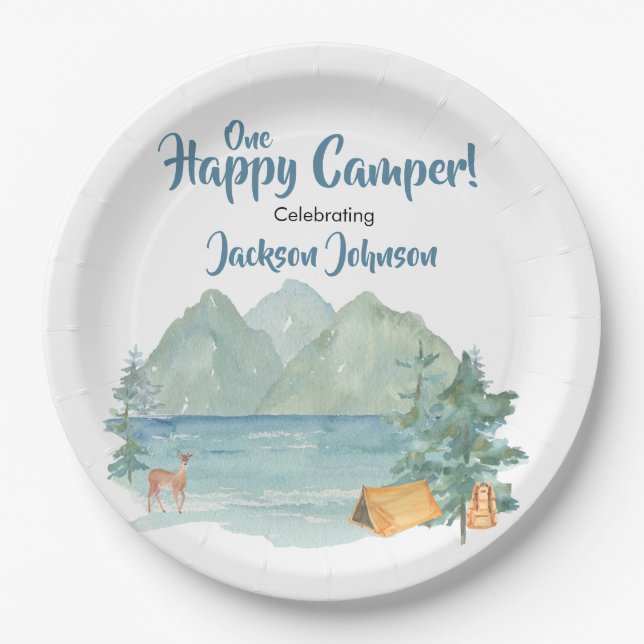 Happy Camper Rustic Mountains Watercolor Birthday Paper Plate (Front)