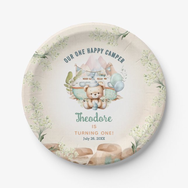 Happy Camper Summer 1st Birthday Boy Paper Plate (Front)