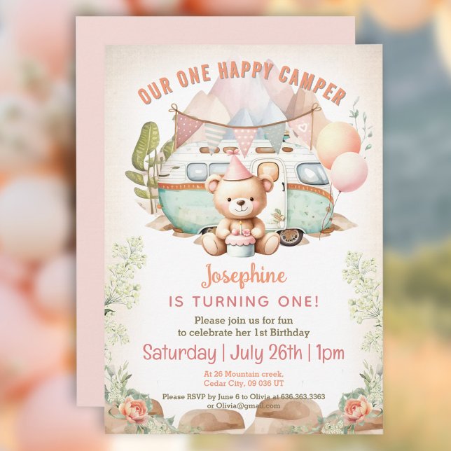 Happy Camper Summer 1st Birthday Girl Invitation (Happy Camper Summer 1st Birthday Girl Invitation)
