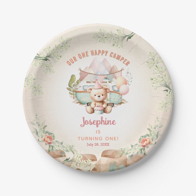 Happy Camper Summer 1st Birthday Girl Paper Plate (Front)