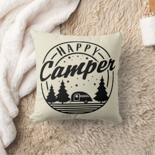 Happy Camper T Shirt Trees Stars and Camp Trailer Throw Pillow