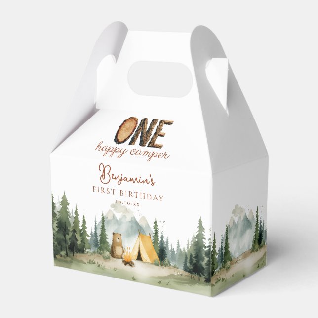 Happy Camper Teddy Bear 1st Birthday Favor Box (Front Side)