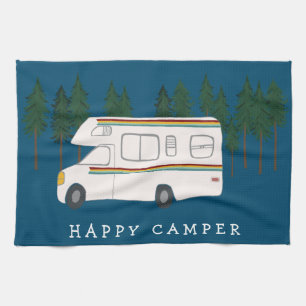 HAPPY CAMPER whimsical motorhome RVing Forest Kitchen Towel