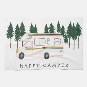HAPPY CAMPER whimsical motorhome RVing Forest Kitchen Towel