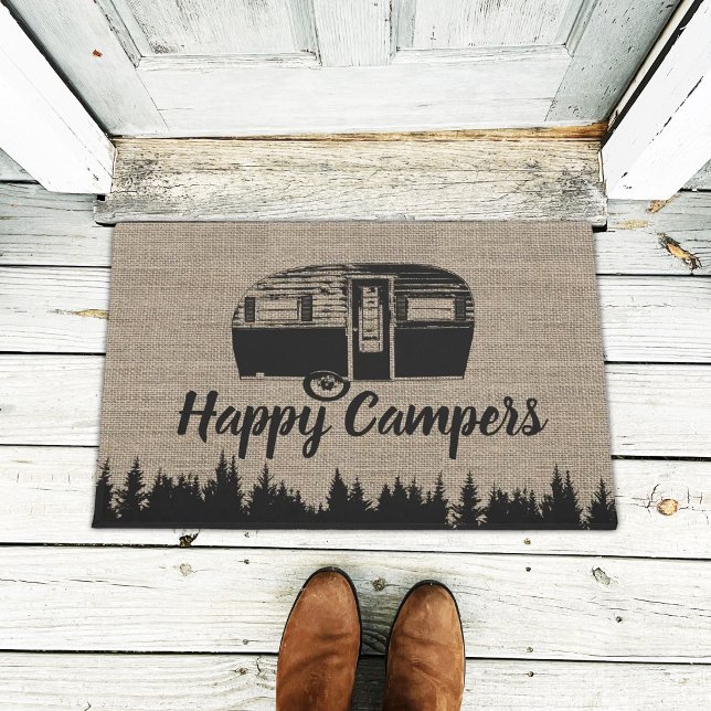 Happy Campers Camping Life Forest Rustic Burlap Doormat (Creator Uploaded)