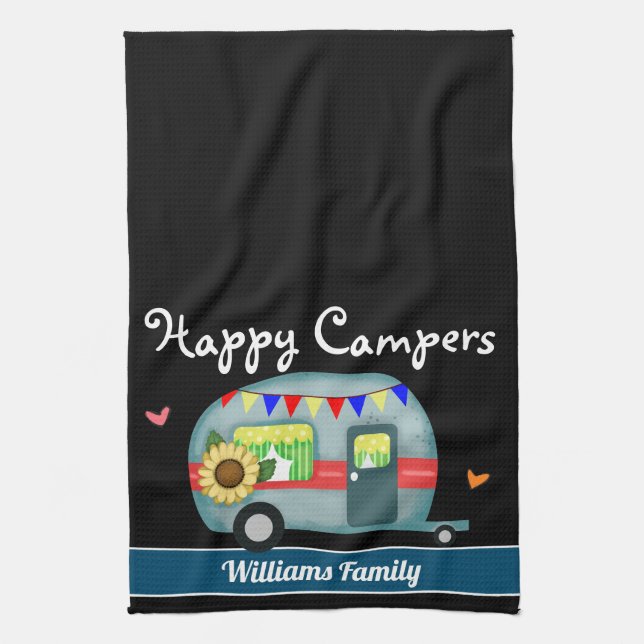 Happy Campers Family Name Kitchen Towel (Vertical)
