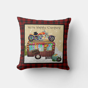 HAPPY CAMPERS - Funny Trailer Trash Buffalo Plaid Throw Pillow
