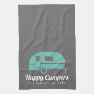 Happy Campers Gray Teal Camping Kitchen Towel