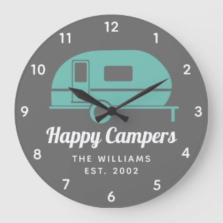Happy Campers Grey Teal Camping Large Clock