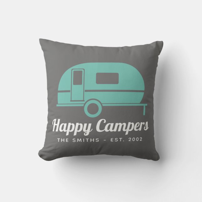 Happy Campers Grey Teal Camping Throw Pillow (Front)