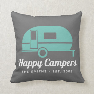 Happy Campers Grey Teal Camping Throw Pillow