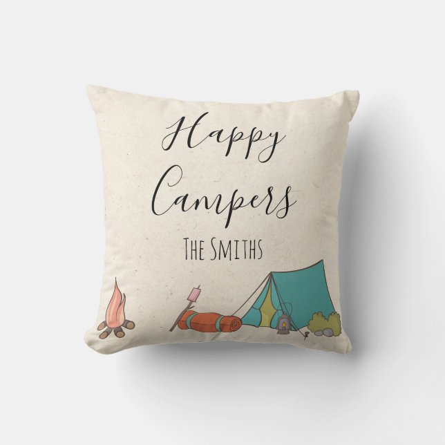 Happy Campers Handwritten Personalize Camp Tent Throw Pillow (Front)