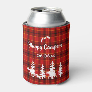 Happy Campers Lumberjack theme red plaid pattern Can Cooler