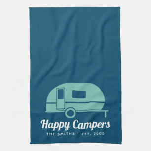 Happy Campers Navy Teal Camping Kitchen Towel