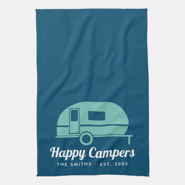 Happy Campers Navy Teal Camping Kitchen Towel (Vertical)