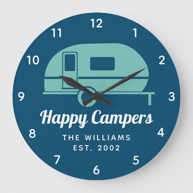 Happy Campers Navy Teal Camping Large Clock (Front)